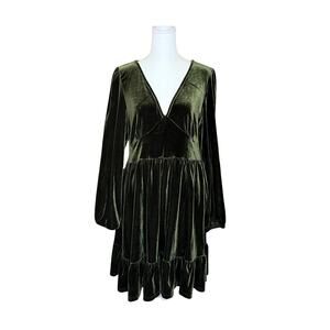 Halara Everyday Deep V Neck Long Sleeve Ruffled Hem Velvet Dress L Christmas